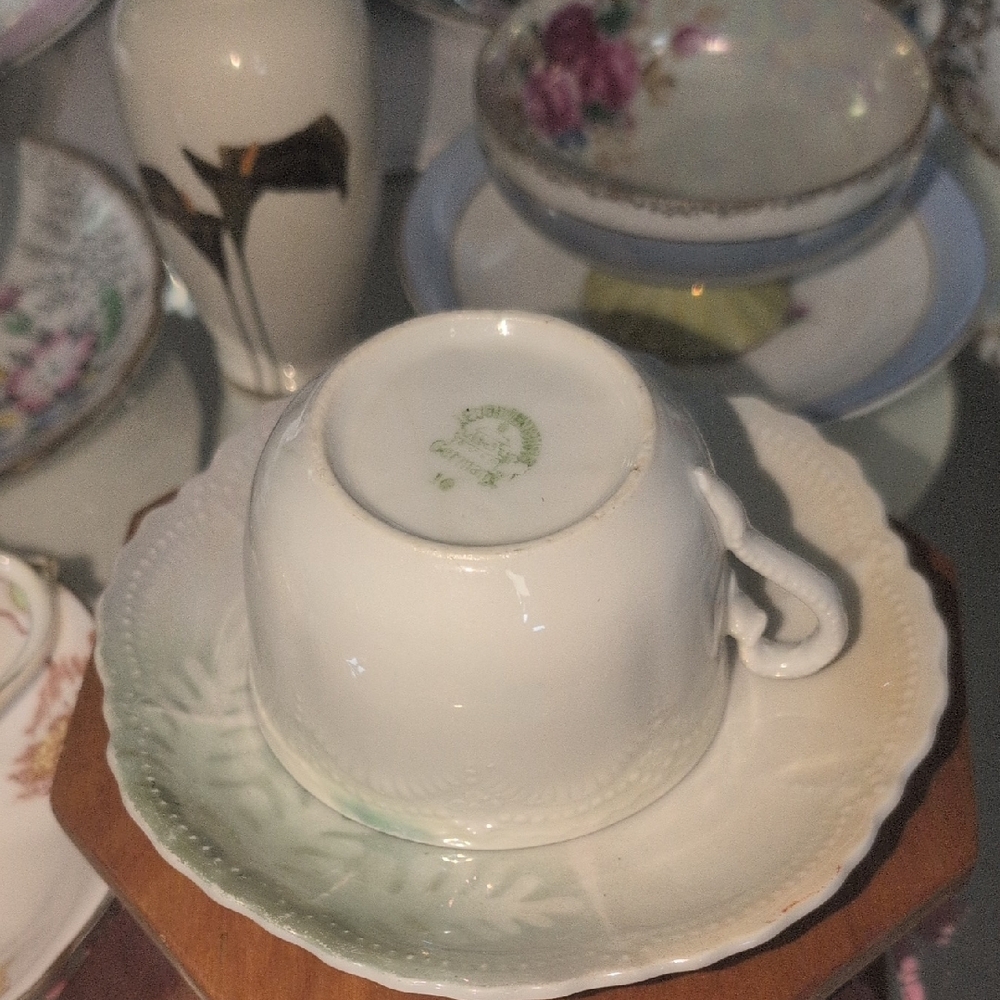Elegant White & Green  Porcelain Teacup and Saucer Set